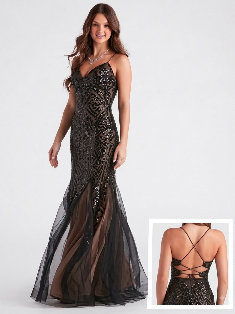 Windsor NWT $155 Black Sequin Strappy Backless Mermaid Evening Dress 9